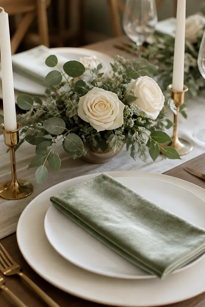 Ivory chargers with matte finish hold white plates. Napkins are folded in a soft rectangle and made from sage green velvet, catching light with a subtle sheen. Small gold candlesticks and a low floral arrangement of sage leaves and cream roses sit between settings.