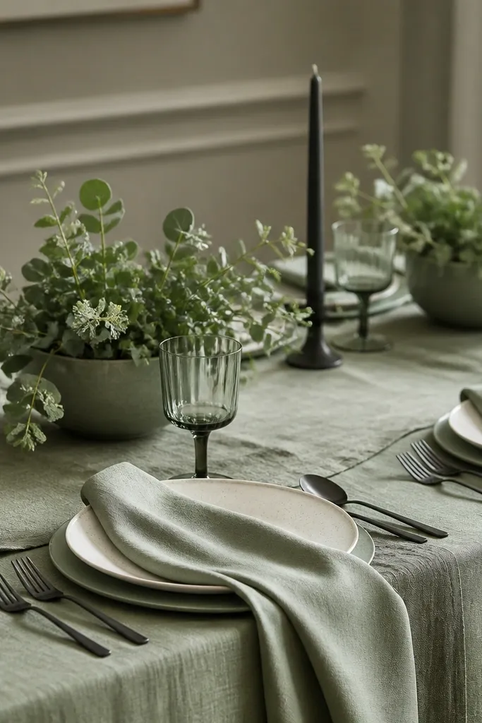 A monochrome sage table with layered sage linens and different fabric textures. Ivory plates sit on sage-toned chargers. Napkins are sage with a subtle sheen. Matte black cutlery and black taper candles create contrast. Centerpieces are low sage greenery in ceramic bowls.