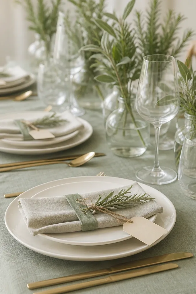 Each place setting has a small herb sprig tied with twine and attached to a cream place card. The table has sage cloth and ivory plates. Napkins are folded and wrapped with a thin strip of sage fabric. A low centerpiece uses sage and rosemary in small bud vases.