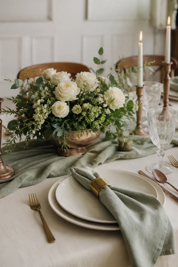 A sage runner on a cream table. Place settings include brass napkin rings and antique copper candle holders. Plates are ivory, and cutlery is mixed in tone. A center arrangement uses sage greenery and cream roses, with small copper-toned accents in the floral foam or vases.