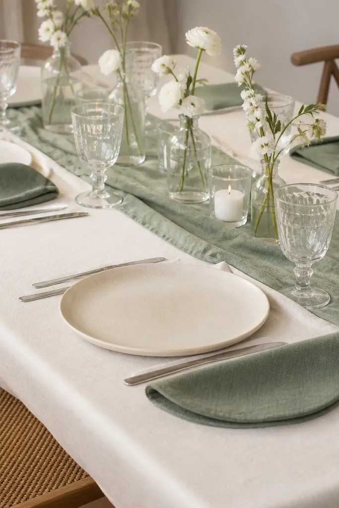 A cream tablecloth with sage green napkins folded into a half-moon shape and placed beside plates. The table has a sage runner in the center and simple white flowers in glass bottles. Place settings have clear cutlery and ivory plates. Lighting is soft and the napkins show linen texture clearly.