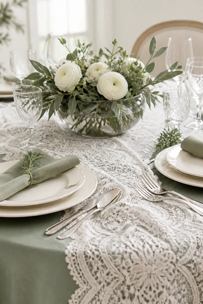 Sage green tablecloth with a white lace overlay draped across the center. Place settings include ivory plates and sage napkins folded neatly. Lace texture is visible and catches light. A low centerpiece uses sage leaves and white ranunculus in a glass bowl. Clear glassware and silver cutlery keep the look airy.