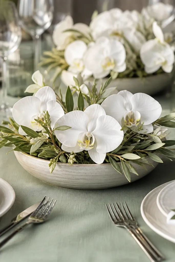 Low ceramic bowls filled with water or floral foam hold white orchids and sage-green leaves. The bowls sit in the center of a sage tablecloth. Place settings have ivory plates and white napkins with sage accents. The look is clean and glossy with a modern feel.