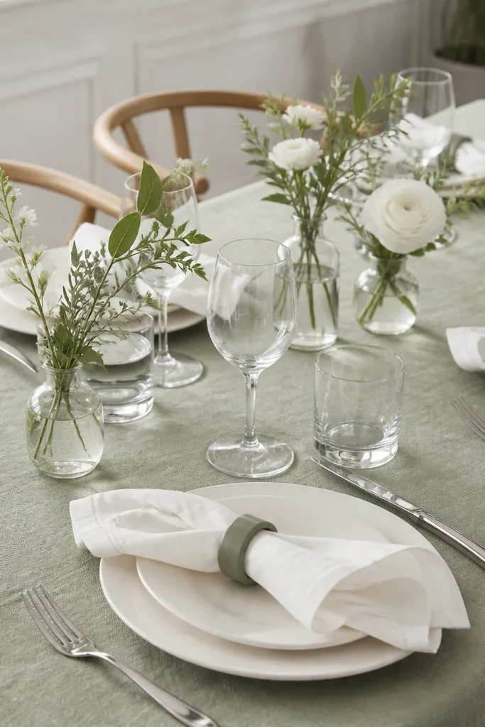A textured sage linen tablecloth with visible weave. Napkins are folded in off-white and held by sage green napkin rings with a subtle matte finish. Place settings have cream plates and simple silver cutlery. Centerpieces include small bud vases with sage greenery and white flowers.