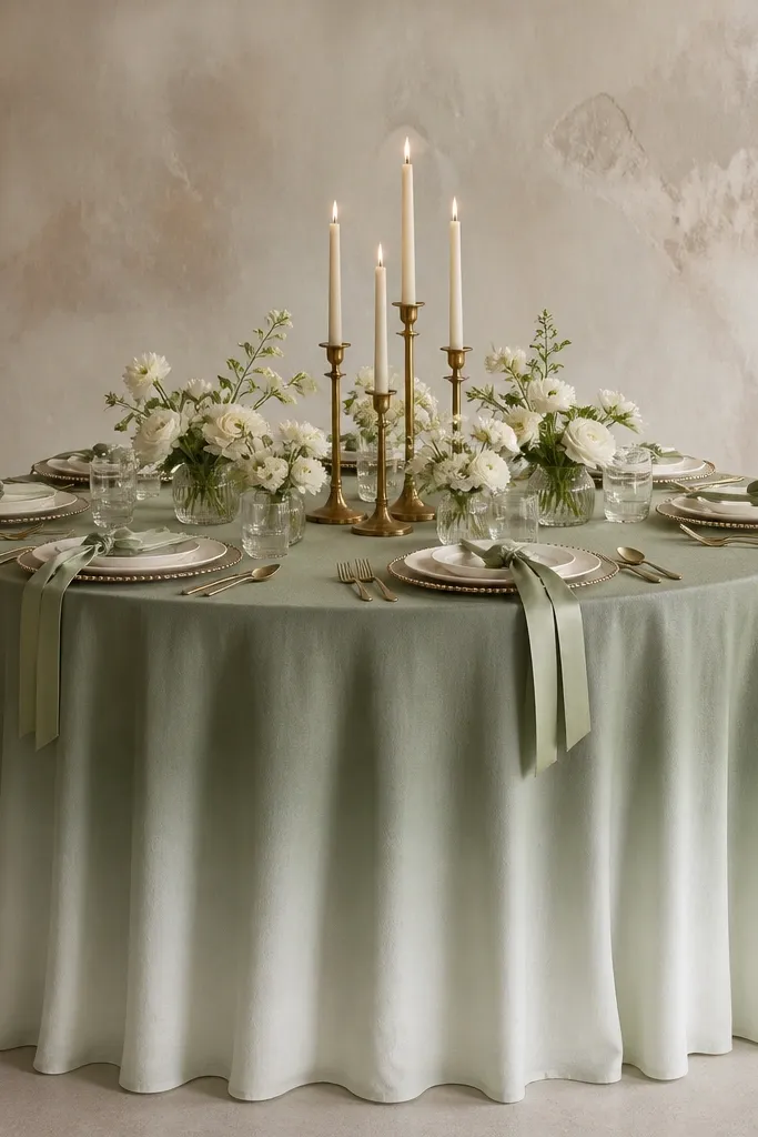 A wedding table styled with a sage green ombre table skirt that fades from deep sage at the top to pale mint at the hem, paired with warm ivory plates and a narrow band of brass candlesticks grouped at the exact center. The candlesticks hold cream tapers with tiny flickers, and the floral pieces sit lower than the candles in clear glass cylinders. The table surface shows a subtle linen texture under the drape, and place settings include a sage satin ribbon tied around each napkin.
