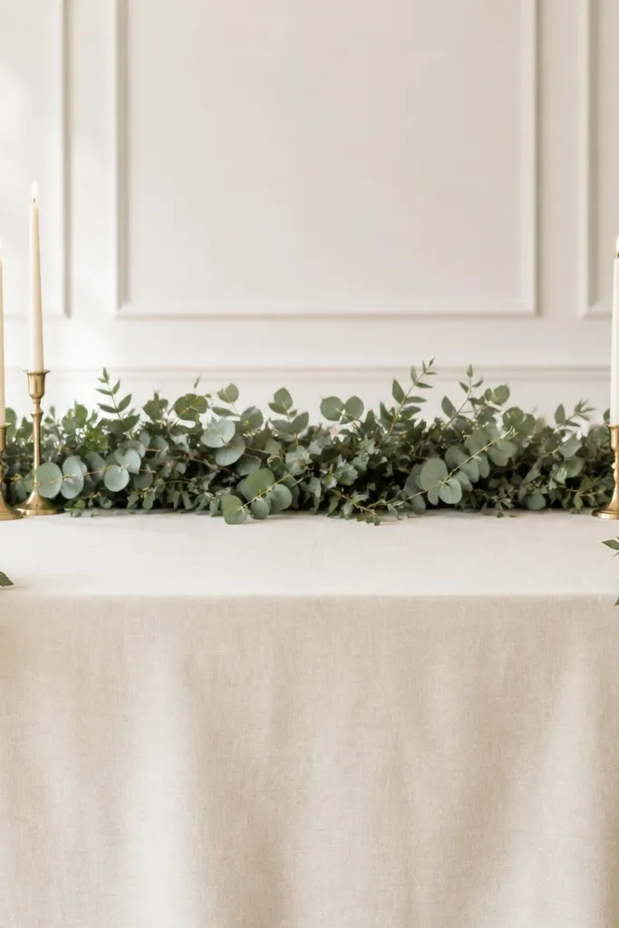 A cream linen tablecloth with a centered garland of eucalyptus and ruscus running along the back. Two sets of taper candles in gold holders sit symmetrically left and right, with small greenery clusters at the front corners.