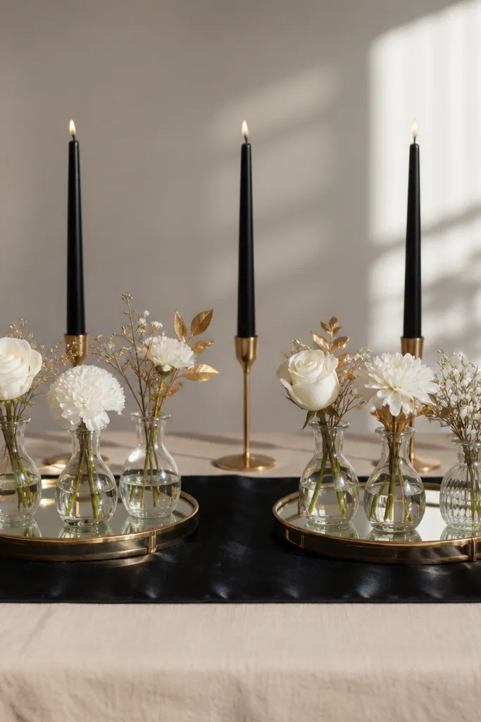 A black satin table runner laid over a neutral cloth. Two gold mirrored trays sit on the runner, each holding 3 mini bud vases with white and gold-accented flowers. Several black taper candles are spaced evenly along the back edge.
