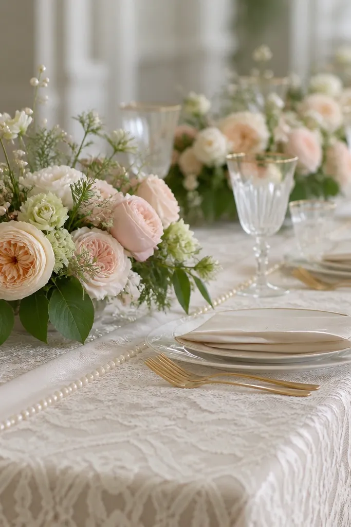 An ivory lace overlay drapes over the table. A thin pearl garland runs along the runner edge. Low floral clusters with garden roses sit at intervals, with small pearl stems tucked into greenery.