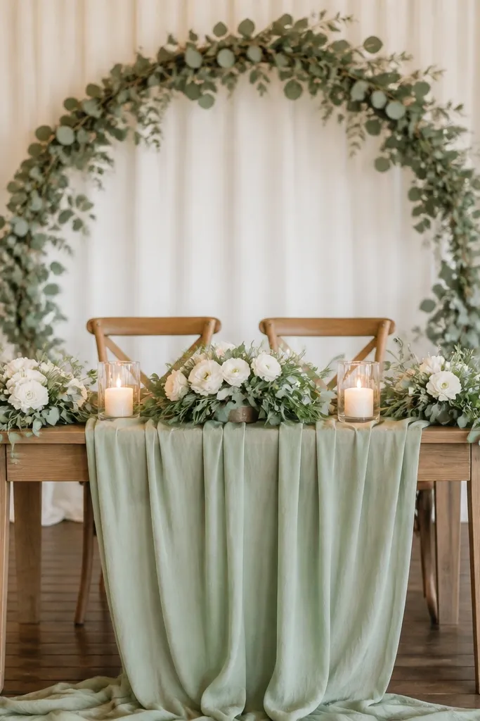 A sage chiffon runner draped down the center. Behind it, a circular eucalyptus halo frames the couple area. White flowers sit in a few low clusters, and two clear glass candle cups glow in warm light.