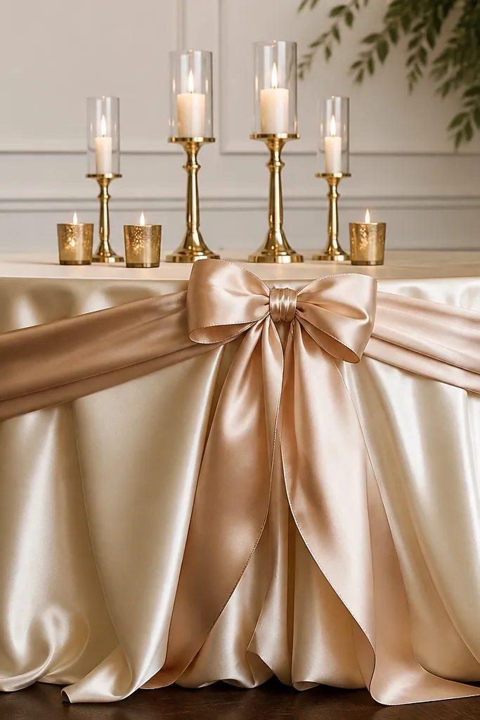 A champagne satin tablecloth with a ribbon runner. A large bow sits slightly off-center at the front, with ribbon tails cascading toward the sides. Candle holders in gold sit behind the bow.