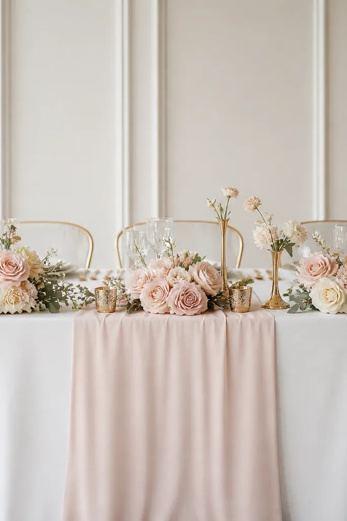 A white crepe tablecloth with a runner in pale blush. Low floral clusters in blush and cream tones sit along the front. Gold flatware-style decor pieces and a few gold stems appear near the clusters.