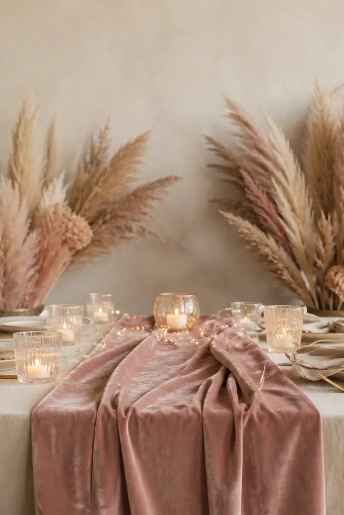 A dusty rose velvet runner on a neutral base. Dried pampas plumes are placed behind the runner in two groups. Warm string lights wrap lightly around candle cups on the table.