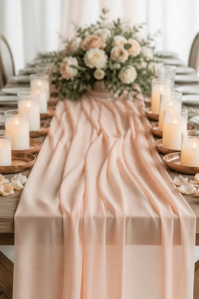 A peach chiffon runner draped down the center. Rose-gold candle trays sit on both sides with LED candles. Peach and cream petals are scattered lightly near the front corners.