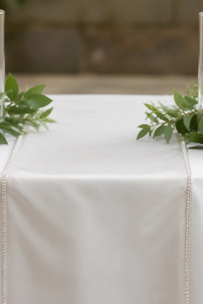 A white satin overlay with a sheer runner. A thin crystal line runs along the runner edge like a border. Clear glass candle cups sit at left and right, with small greenery tucked behind.