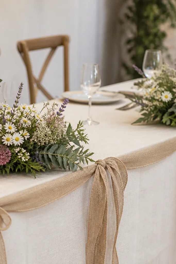 An ivory linen base with a burlap ribbon tied in long loops along the front edge. Wildflower sprigs and greenery fill low clusters at corners. Small mason-jar-style candle holders glow at the ends.
