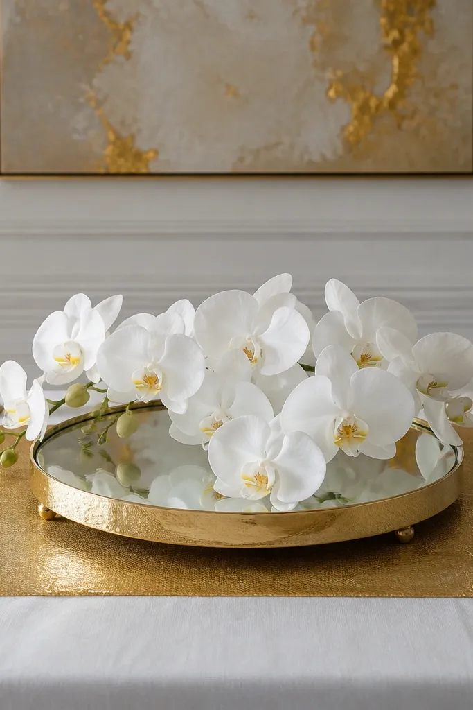 A gold metallic runner laid over a white base. A low mirrored tray sits centered with white orchid stems fanned out. Two tall gold candle holders are positioned near the back corners.