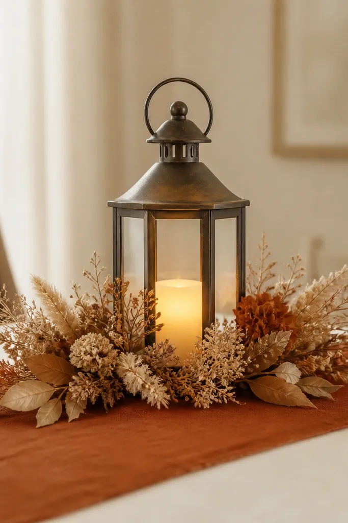 A terracotta runner on an ivory table. A single lantern sits centered with warm light inside. Dried florals in tan and rust tones are arranged around the lantern at low height.