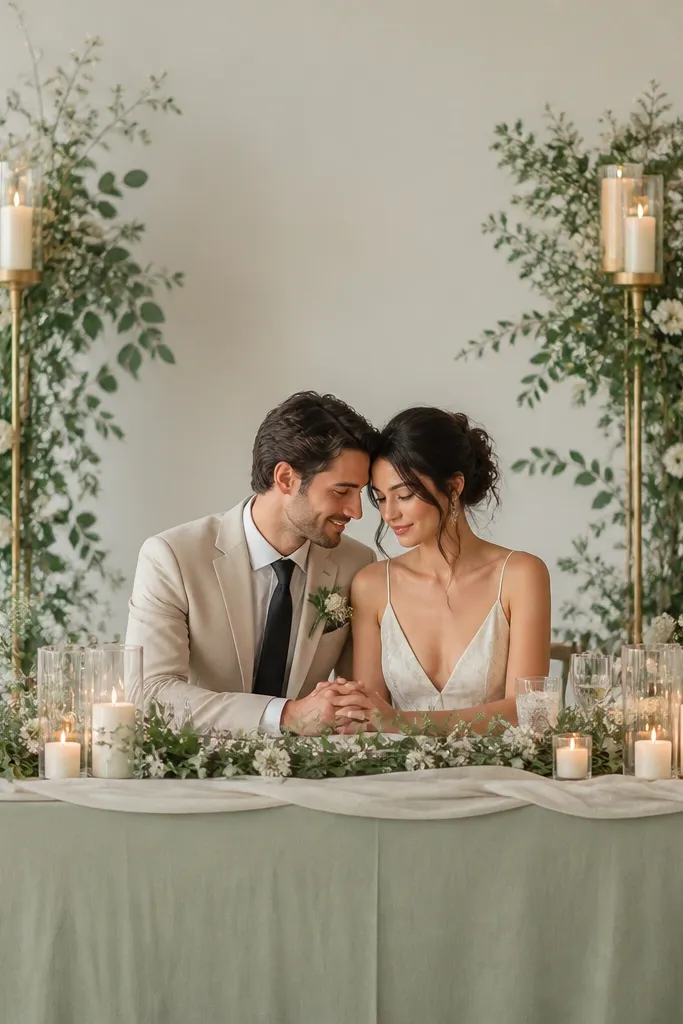 A chalky sage base cloth with a runner. Two candle stands create a frame behind the couple, filled with greenery and small white blooms. The front has low candles and a simple runner edge.
