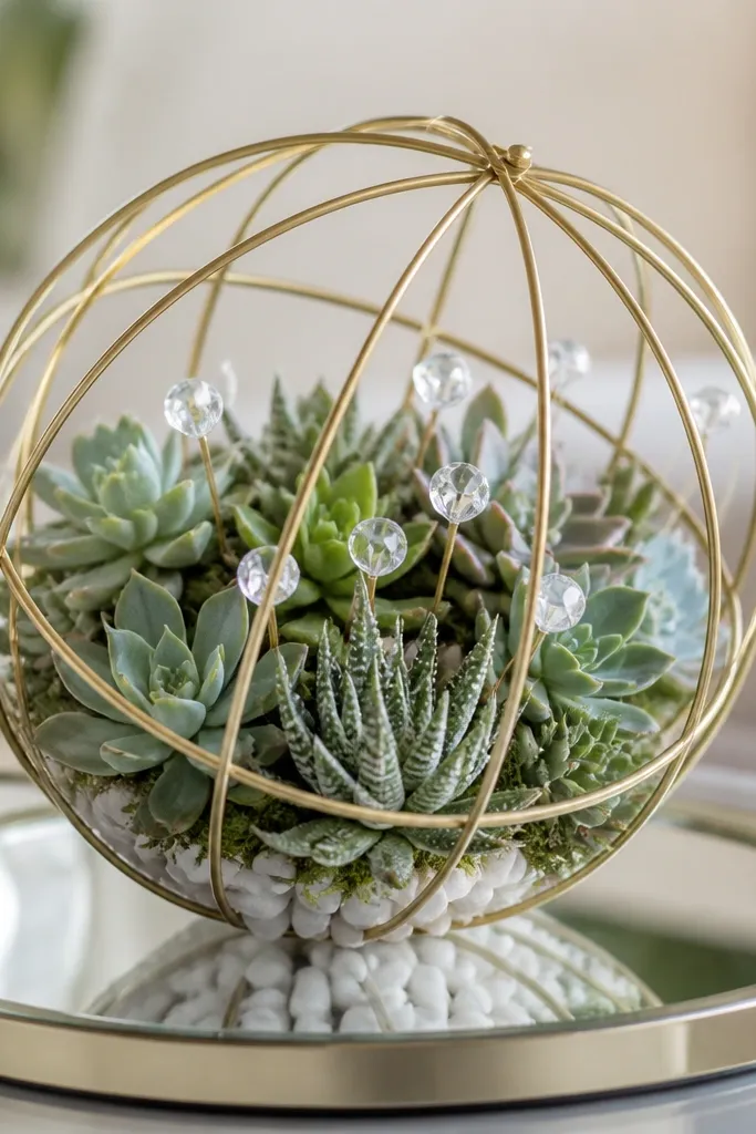 A spherical gold wire frame filled with mini succulents. Clear acrylic gem stakes catch light, and small white stones sit at the base on a mirrored tray.