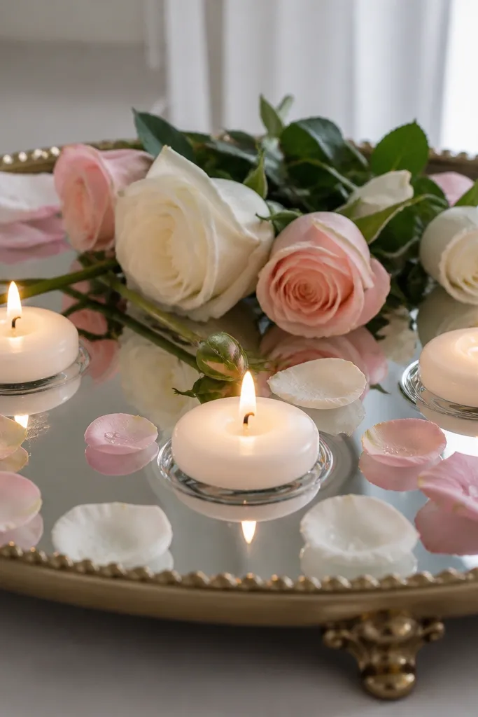 A mirrored tray with three small floating candles in water. Rose petals in blush and white are scattered near the edges, and a few rose stems lie across the center behind the candles.