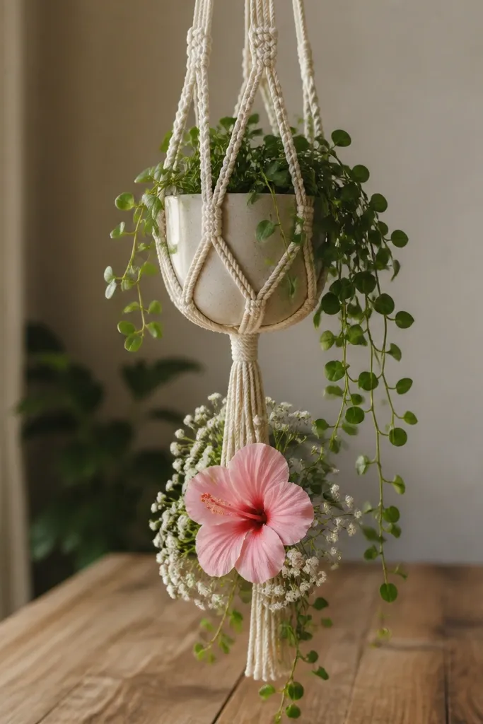 A macrame hanger suspended over a table with a small planter. Trailing greenery drapes down, with one large single bloom at the bottom, framed by tiny white flowers.