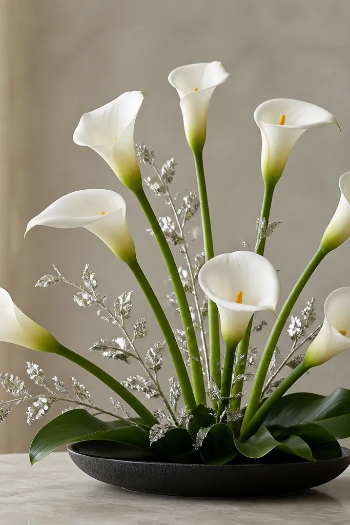 A black stone tray with tall white calla lilies arranged in a fan. Small pieces of silver leaf or metallic spray are placed between stems, and a few dark green leaves sit at the base.
