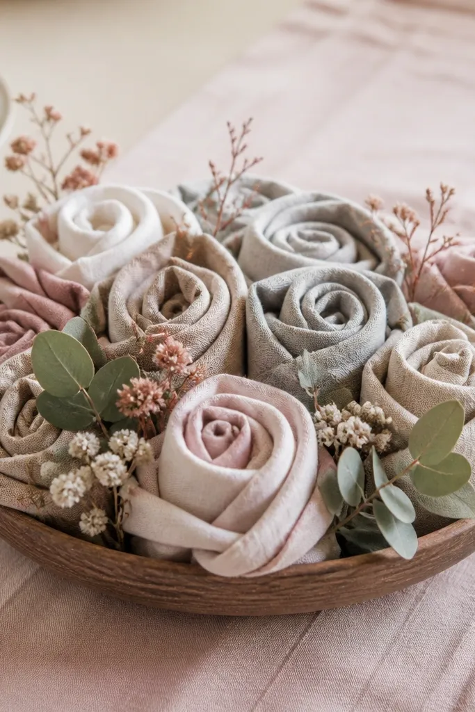 A low tray filled with rolled linen napkins shaped like small roses. Mixed in are a few faux stems or dried sprigs, and the tray sits on a soft blush table runner.