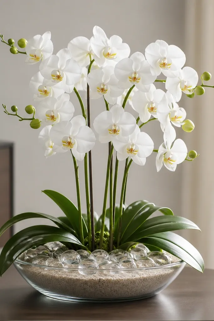 A shallow glass bowl filled with sand and clear glass pebbles. White orchid stems rise from the center, with a few green leaves laid around the perimeter.