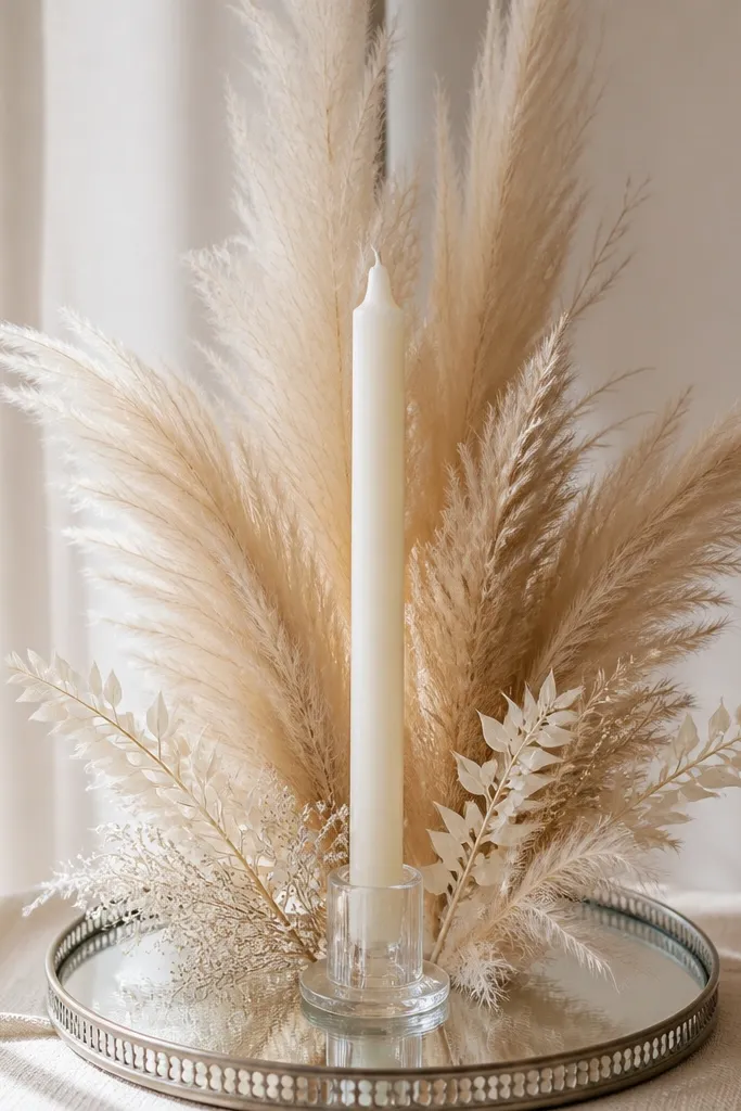A mirrored base holding a single tall ivory candle. Faux pampas plumes rise behind and around the candle, with a few ivory filler stems tucked low.