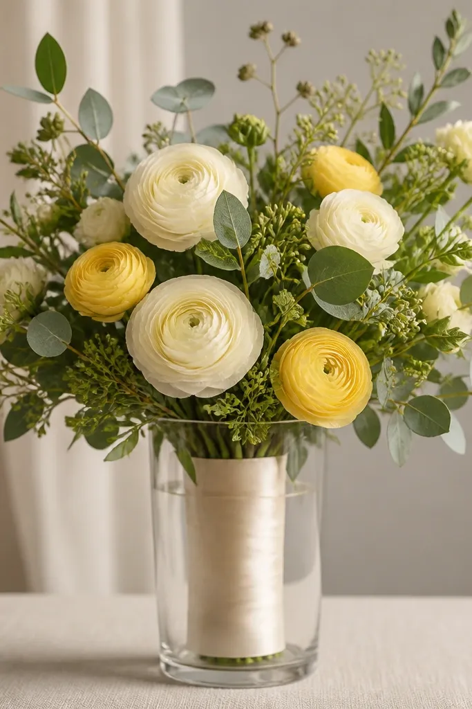 A foam ferrule wrapped in satin ribbon, placed in a clear vase. Mixed greenery surrounds ranunculus blooms in cream and soft yellow, with ribbon ends tucked neatly.