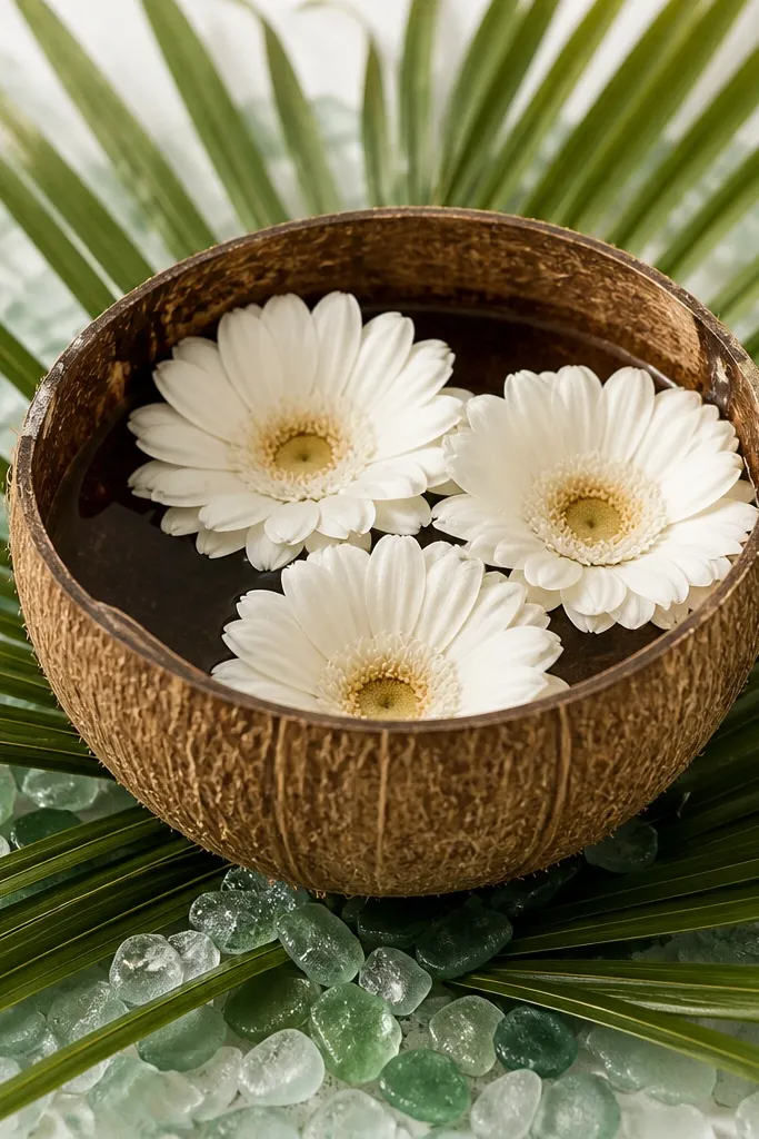 A coconut shell bowl filled with water and filled with a few white gerbera daisies. Green palm fronds fan out around the shells, with tiny sea-glass pieces at the base.