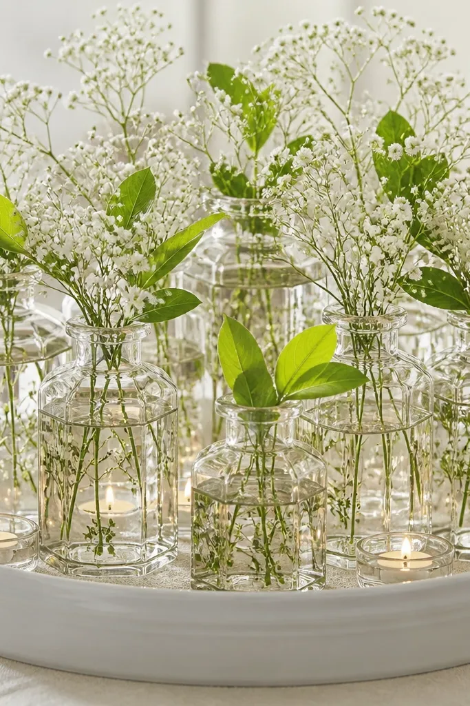 A cluster of clear glass apothecary bottles with faceted shoulders, filled with water and scattered baby's breath. Bright lemon leaves sit between the flowers, catching light like little fans. The bottles sit in a shallow white ceramic tray with a thin layer of fine white sand around the bases, with a few floating tea lights reflected in the glass.