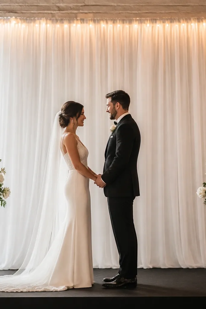 A wedding stage with an 8-foot-wide white chiffon curtain hung behind the couple, gently gathered at the top, with soft warm LED lights tucked along the upper seam.