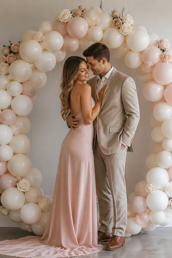 An oval balloon arrangement behind the couple with matte off-white and blush balloons, mixed with small faux rose heads on the outer edge.