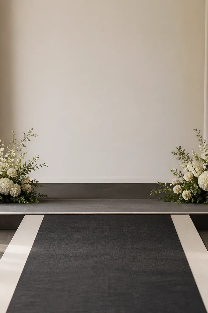 A stage floor framed with a charcoal runner bordered by a cream runner, with a pair of low floral clusters at the front corners.