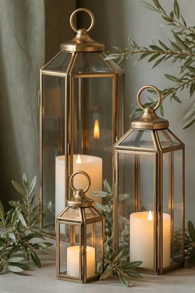 Small glass lanterns grouped at three heights on stage, lit with warm LED tea lights, with faux olive branches tucked around them.