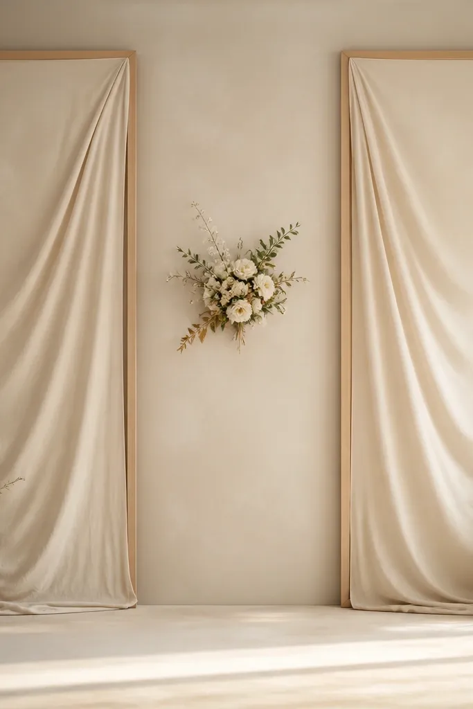 Two large fabric panels mounted like frames on either side of the center, with a small floral cluster placed in the middle of the stage backdrop.