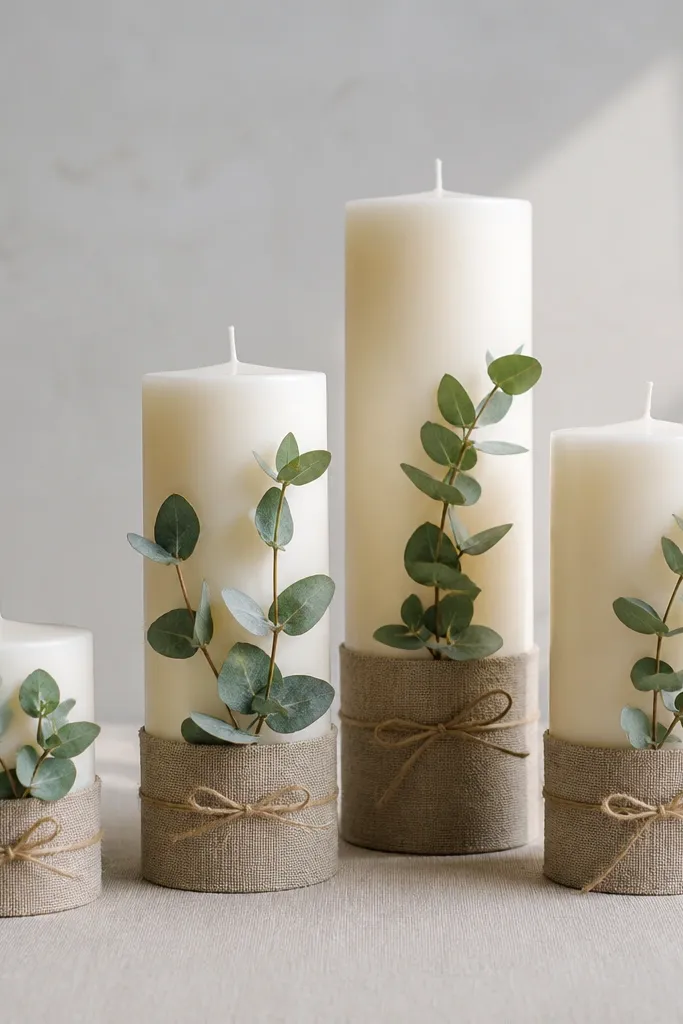 A series of pillar candles on graduated heights, each base wrapped in linen and topped with small eucalyptus sprigs.