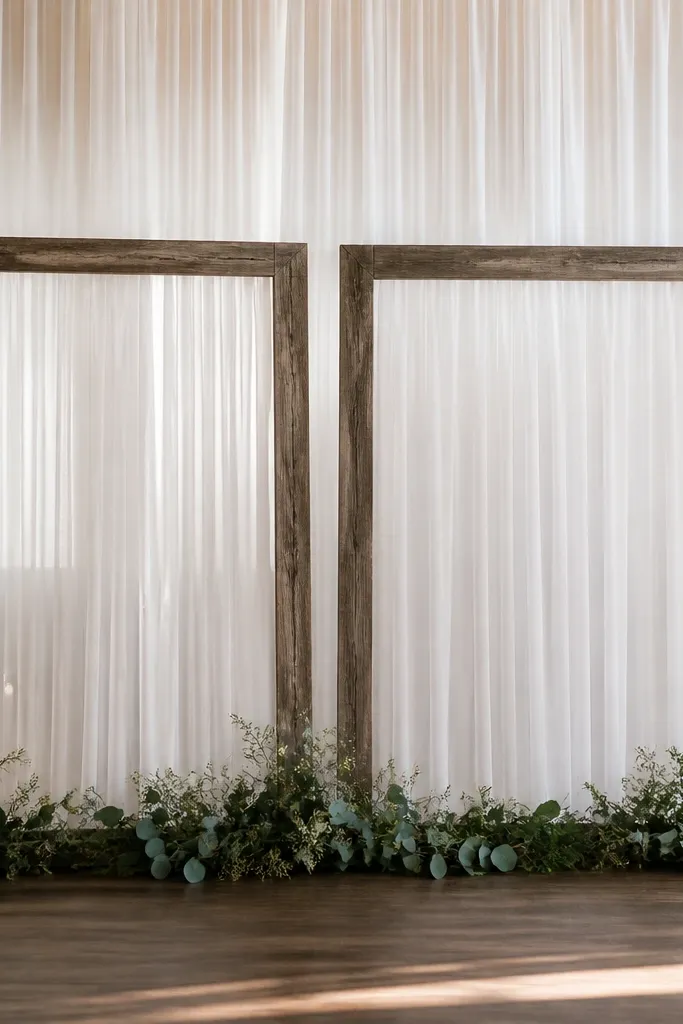 Two reclaimed wood frames on stage, each filled with sheer gauze panels in white, with greenery garland draped along the bottom.