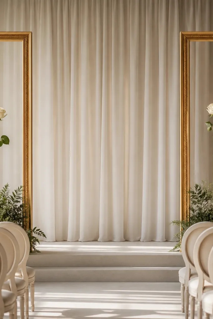 Two tall gold picture frames flanking the stage with a single white rose stem in each, plus small greenery at the base.