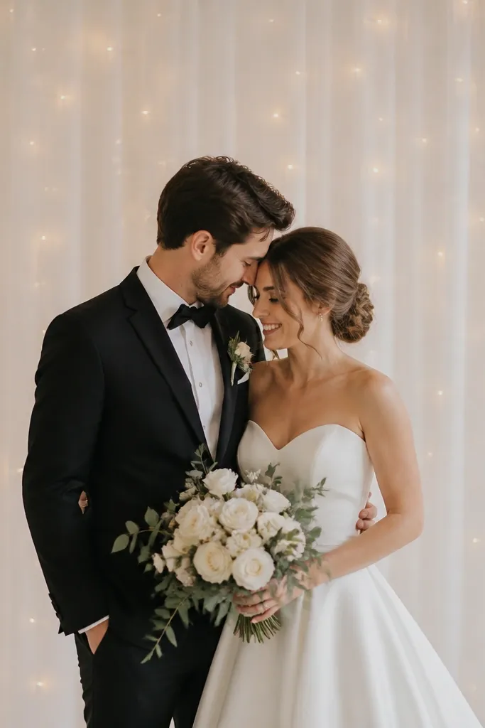 A thin curtain of warm twinkle lights hanging behind the couple, with a simple white fabric layer in front to soften the sparkle.