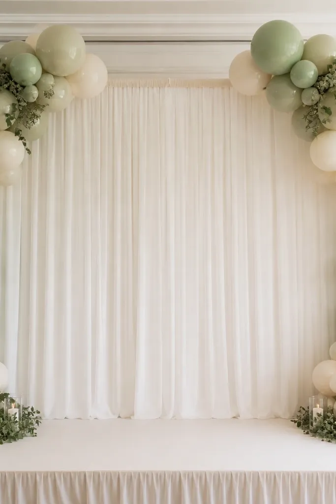Balloon arch corners in sage and cream framing the stage edges, with small greenery clusters tucked into the balloon joints.