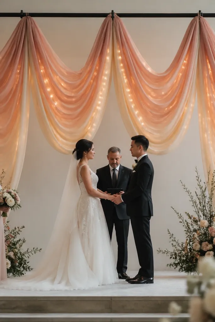 A wedding stage with three soft fabric swags hanging above the couple. The fabric is dusty-rose chiffon layered over pale cream gauze, both gathered at the top and cascading in loose folds. The swags hang from a light metal truss made of black pipe clamps, with clear Command hooks holding the fabric loops. Warm white fairy lights are tucked behind the folds so the glow looks like it comes from inside the fabric.
