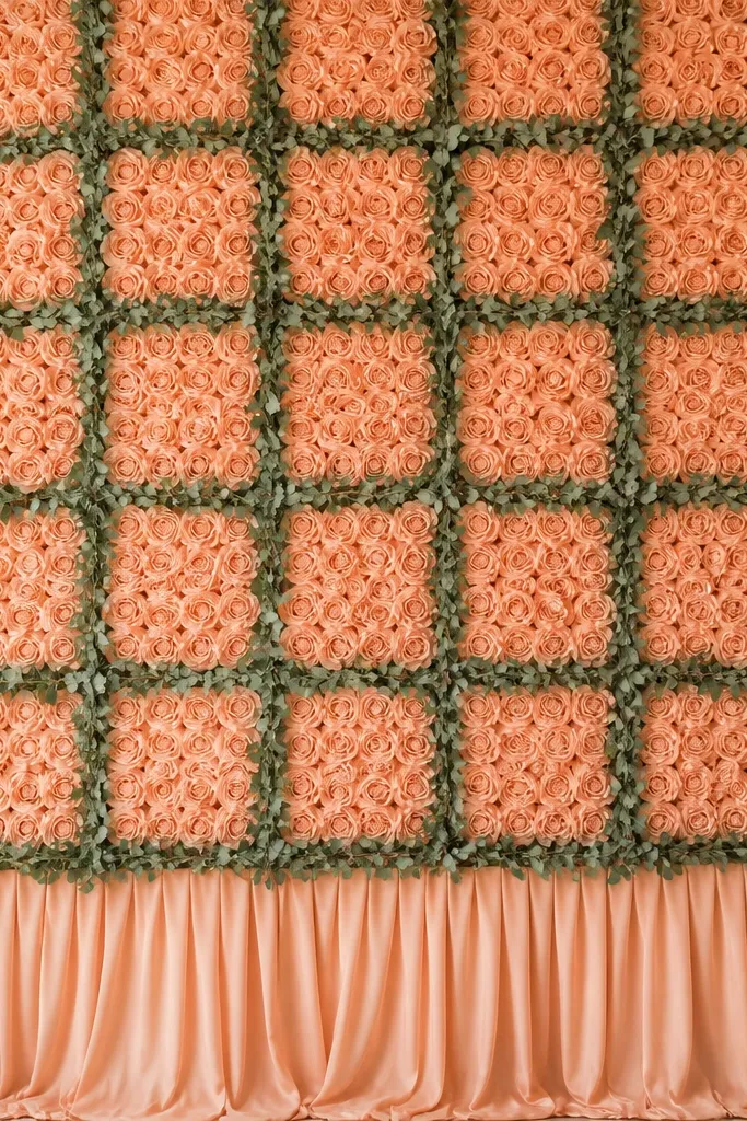 A full floral wall of peach roses arranged in a tight grid pattern, with darker green eucalyptus leaves forming thin vertical and horizontal lines; the bottom has a soft peach drape.