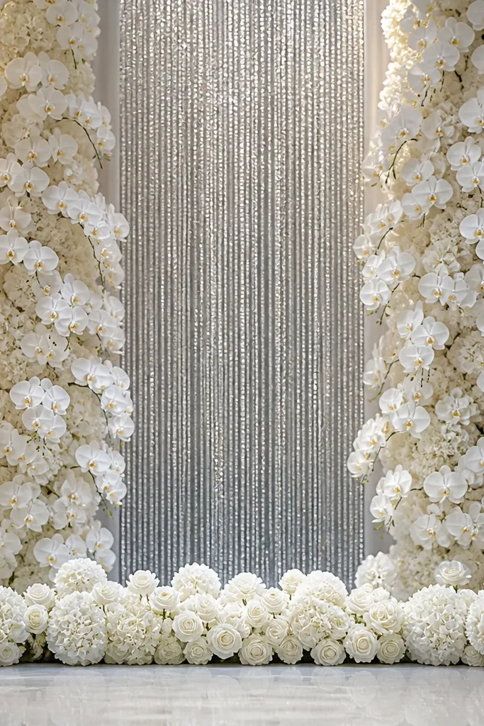 A backdrop of white orchid arrangements in vertical columns, with a central silver bead fringe curtain hanging like a waterfall; the stage edge has low white blooms.