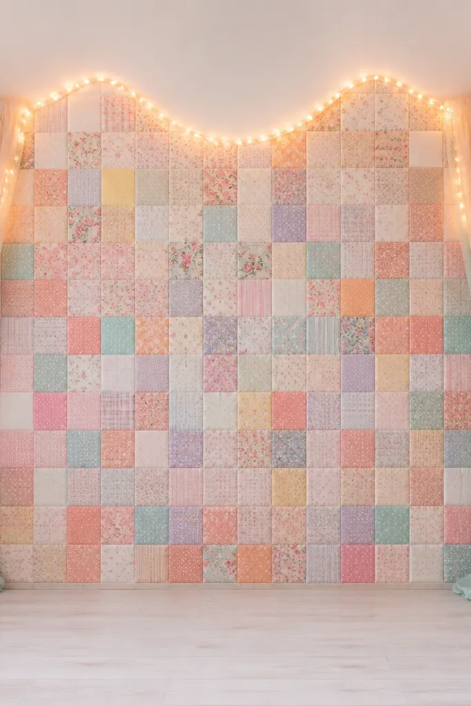 A backdrop made from small pastel fabric squares stitched together in a patchwork, with a soft twinkle rope line tracing the top curve; the stage sides have matching pastel drapes.