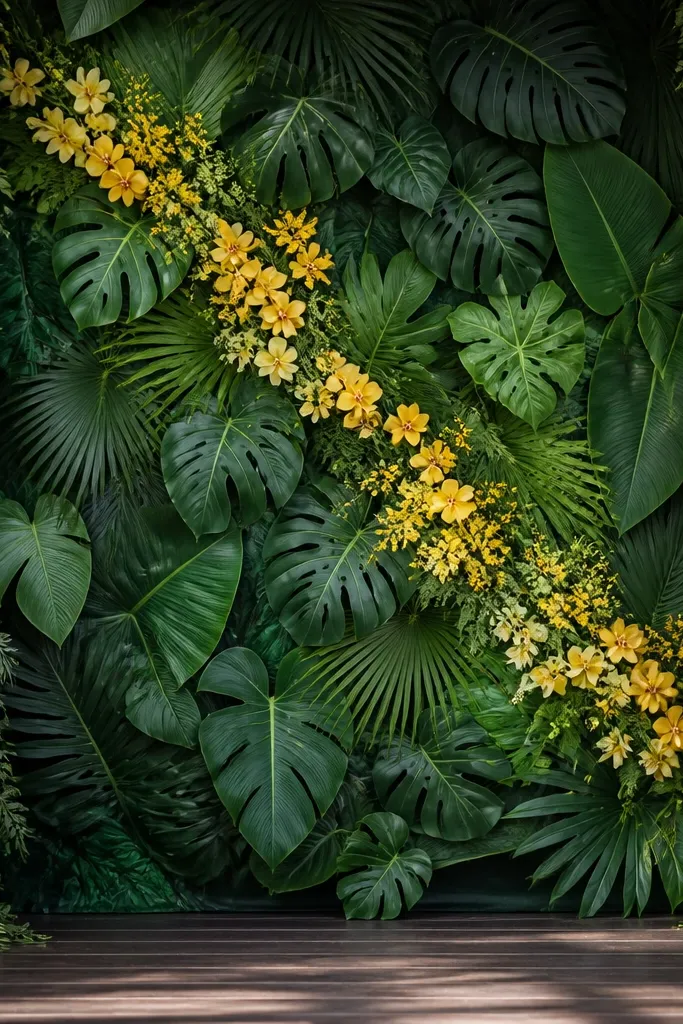 A full backdrop of layered tropical leaves in deep greens, with concentrated clusters of yellow flowers placed in a diagonal pattern; the stage sides have leaf garlands.