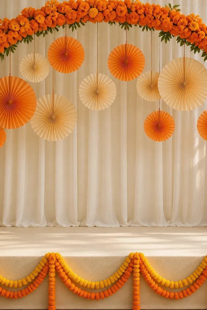 A genda phool toran arch across the stage top, with multiple hanging paper fans in orange and cream suspended from the arch; the front has marigold garlands.