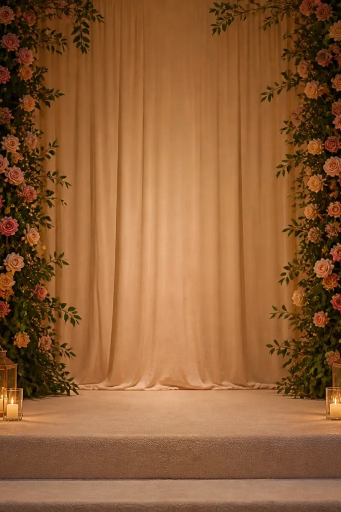 A stage with rose garlands on both sides and candle lanterns placed at floor height, with a warm amber glow; the center backdrop is a simple fabric panel.