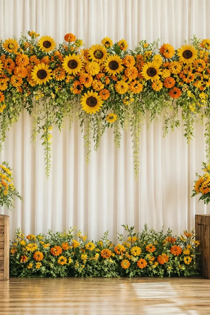 A bright sunflower-and-marigold arrangement across the stage backdrop, with two wooden crates used as risers on the sides and topped with small floral bunches.